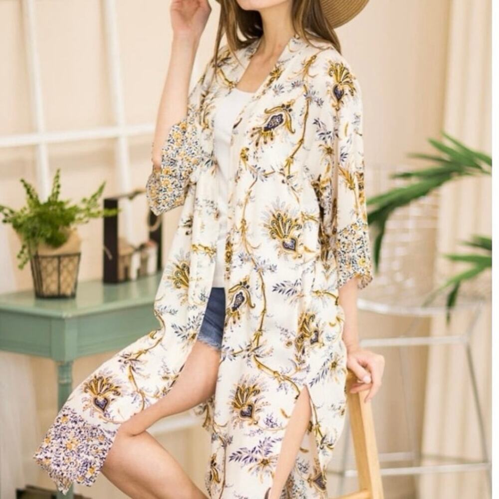 Justin Taylor Kimono Floral Print Open Front Cardigan Duster Lightweight OS Boho